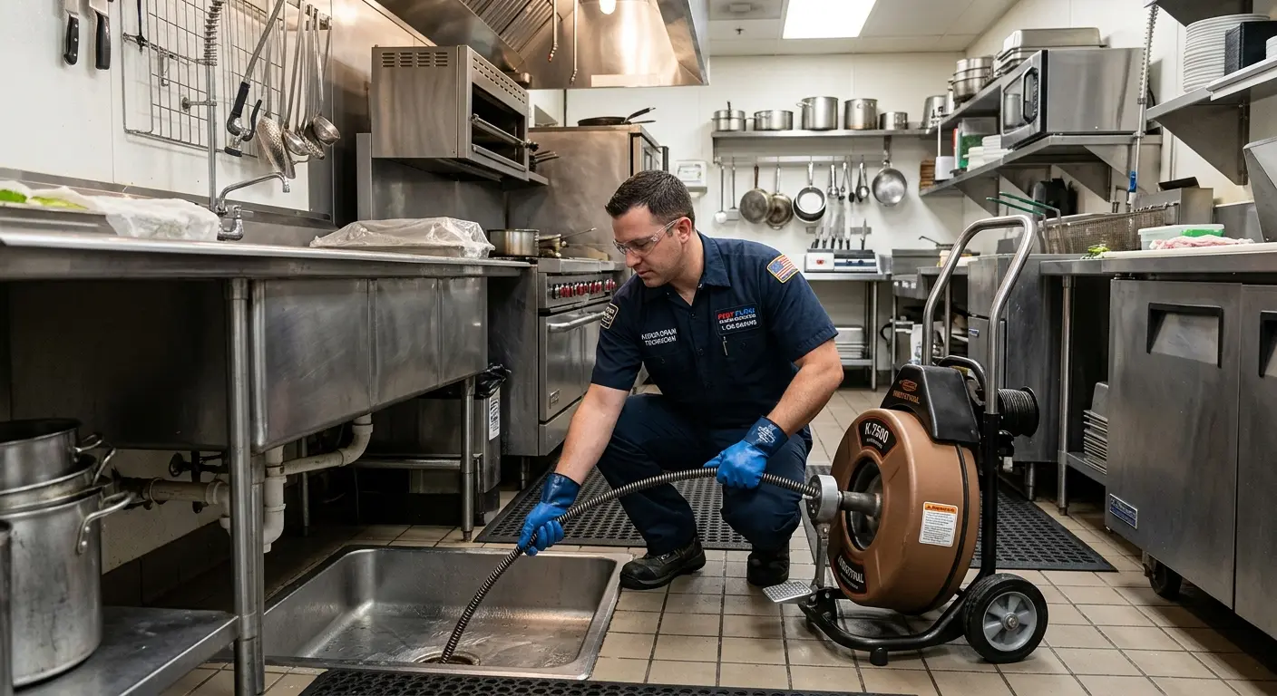 Commercial drain cleaning service in a restaurant kitchen in Francisville