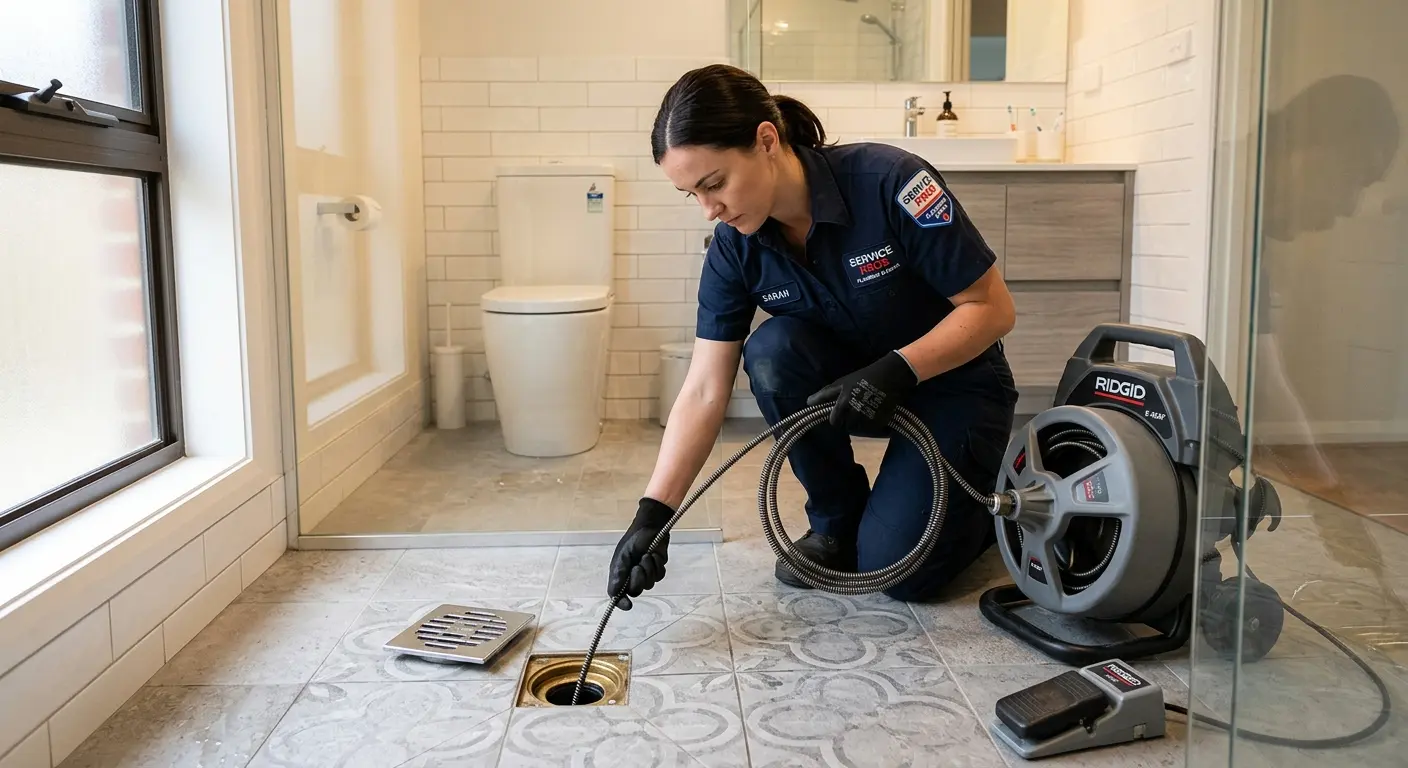 Technician clearing a bathroom floor drain for Drain Repair in Francisville